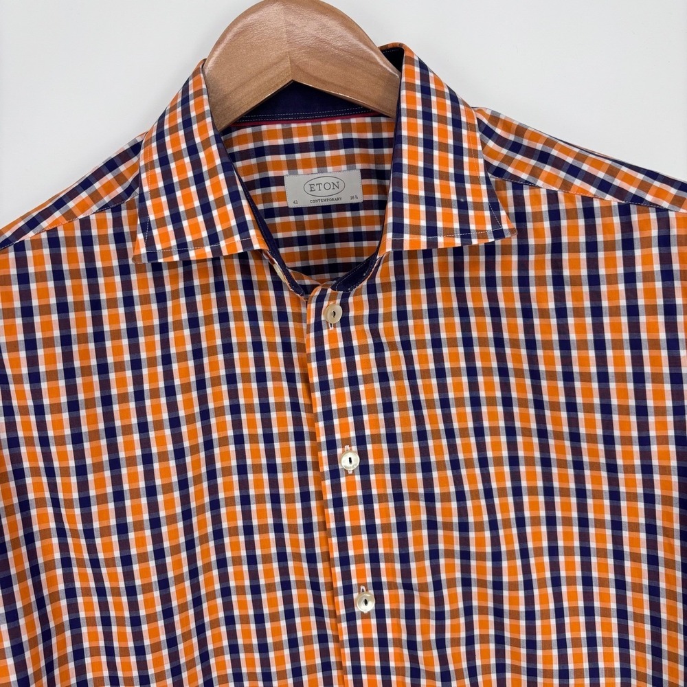 Eton Dress Shirt Mens 42 16.5 Orange Navy Blue Gingham Check Contemporary Fit